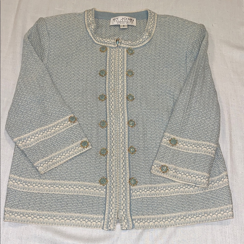30-201100 St. John Light Blue and Cream Textured Jacket GUC timeless fashion